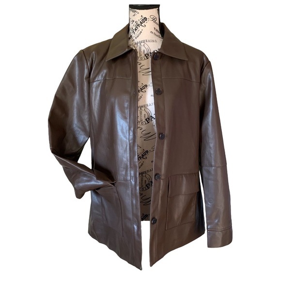 nwt Elie Tahari Faux Leather Jacket Belted Button Down Coat Brown Size Medium - Picture 8 of 16